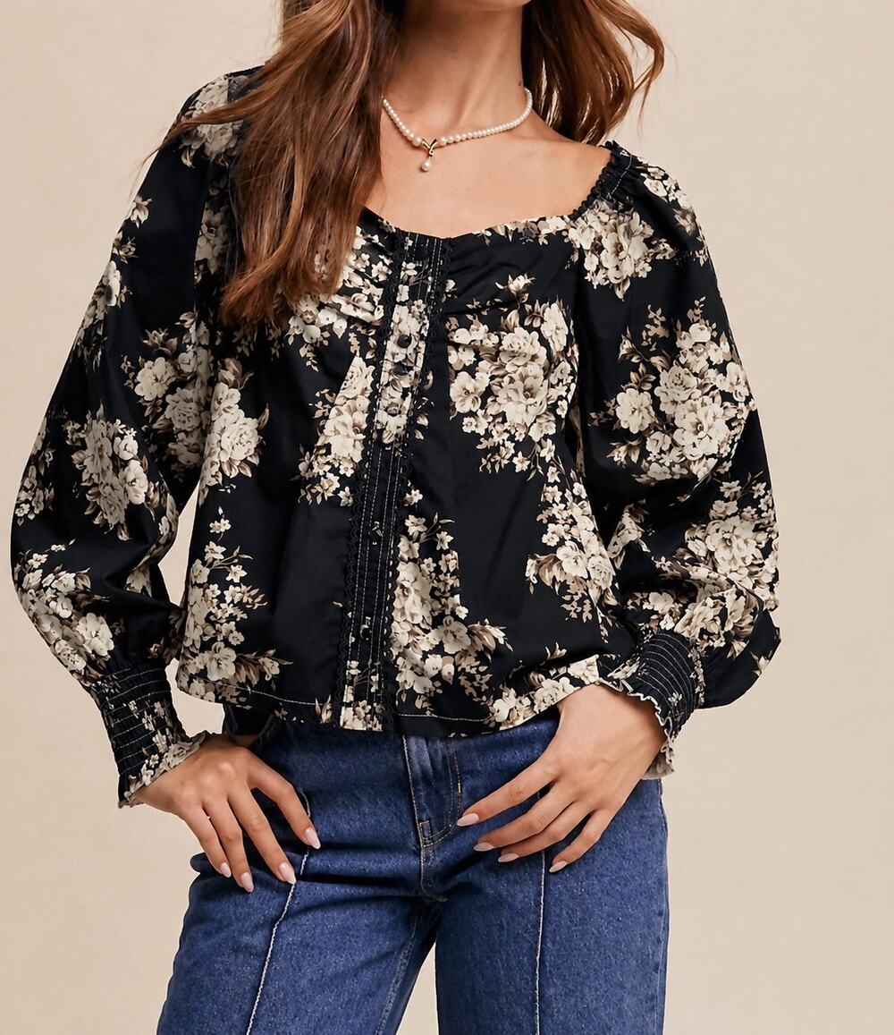 Listicle Navy Floral Lace Trim Corset Peasant Blouse Size Small